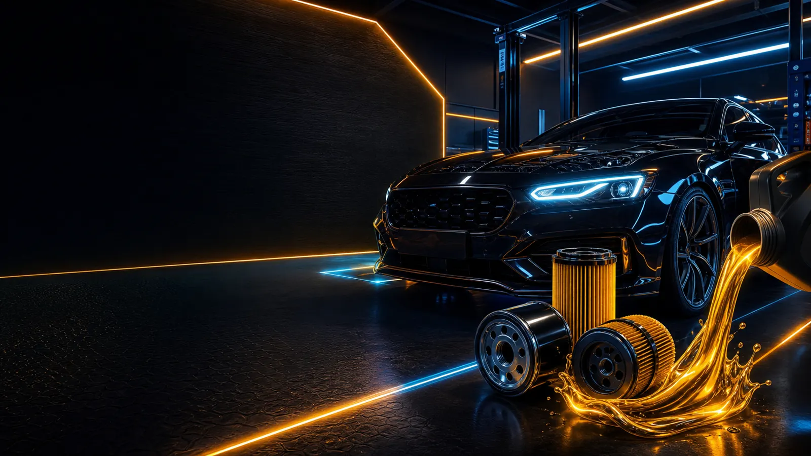 Carro moderno com oleo premium e filtros em ambiente neon